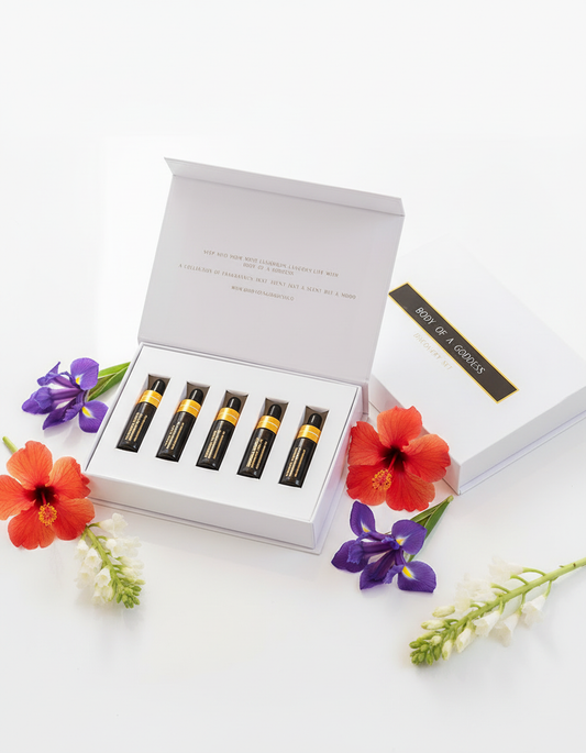 Discovery Set with Iris, Hibiscus, and Tuberose on White Background